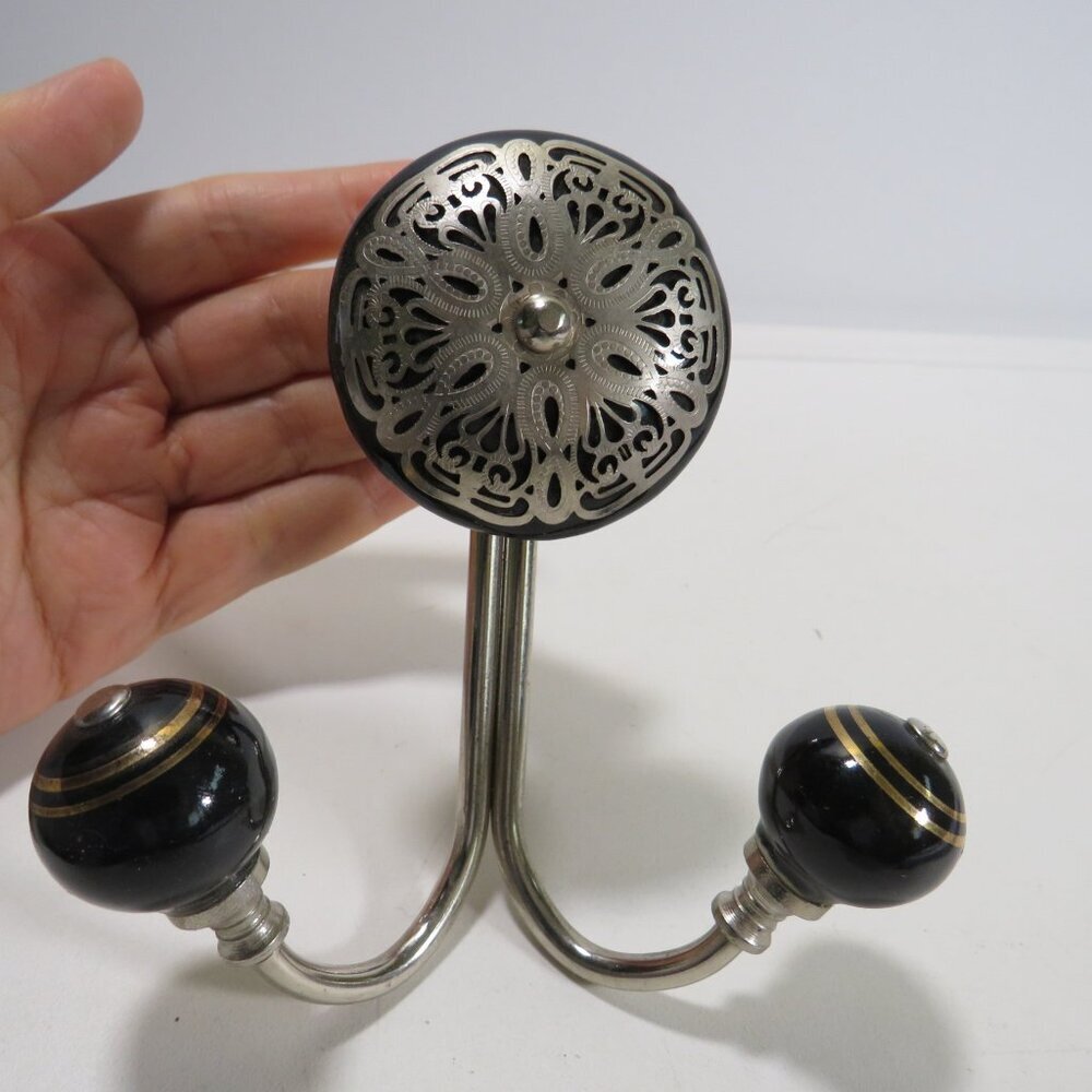 Metal wall hook with Black knobs Gold strip and metal filigree